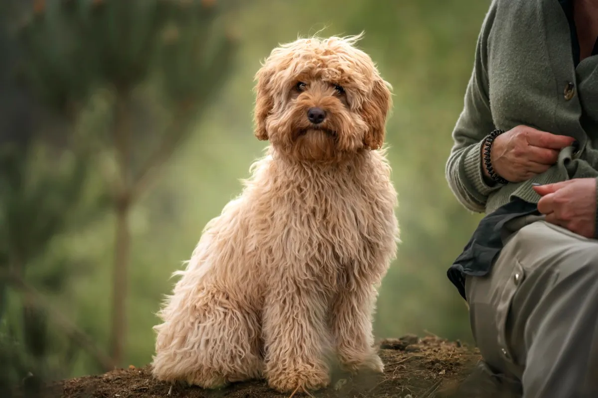 Apricotfarbener Cavapoo sitzt neben einem Menschen im Freien