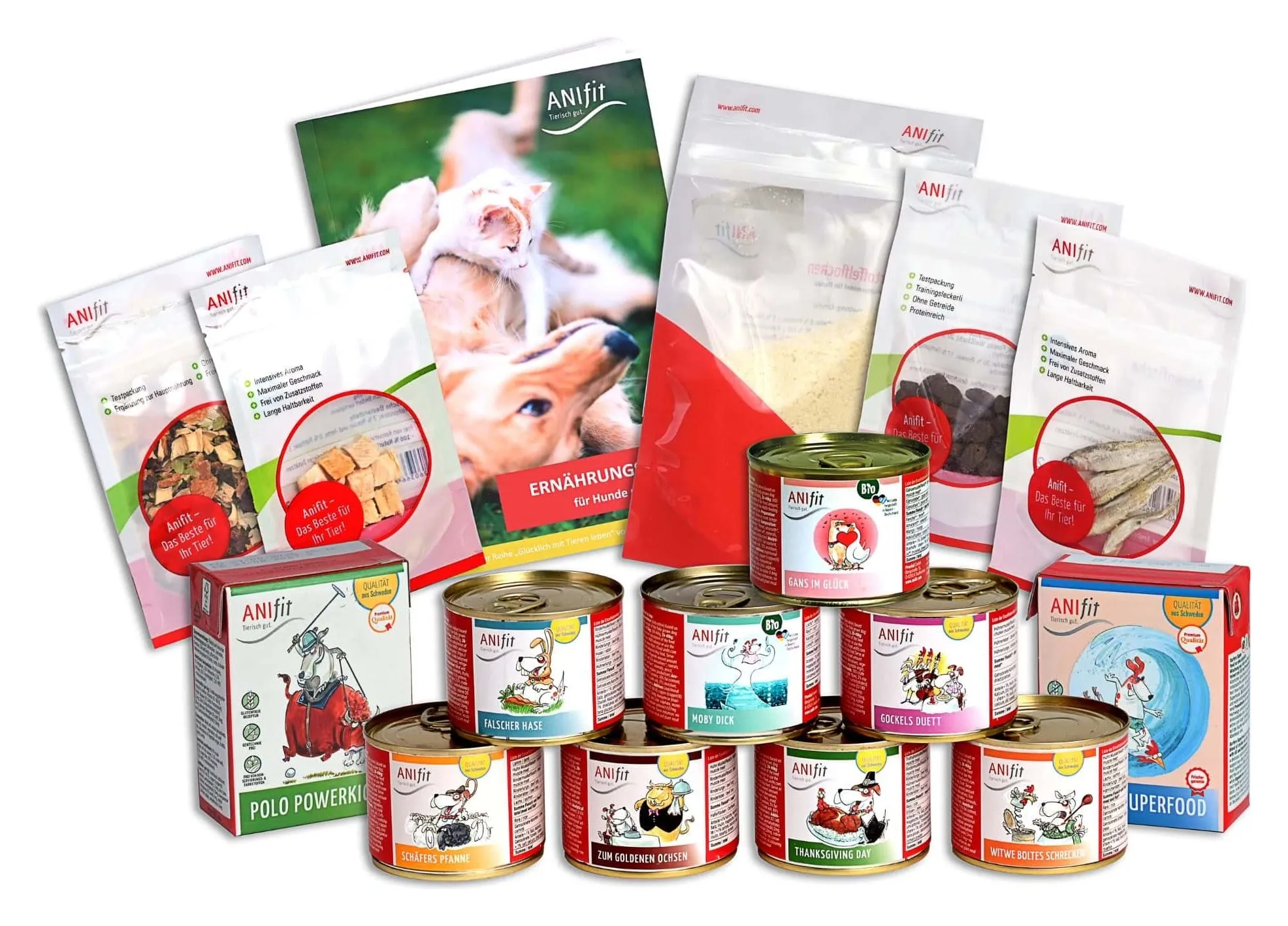 Anifit Schnupperpaket für Hunde: Nassfutter-Dosen aller Sorten, Trainingsleckerli, Flocken und Ernährungsratgeber